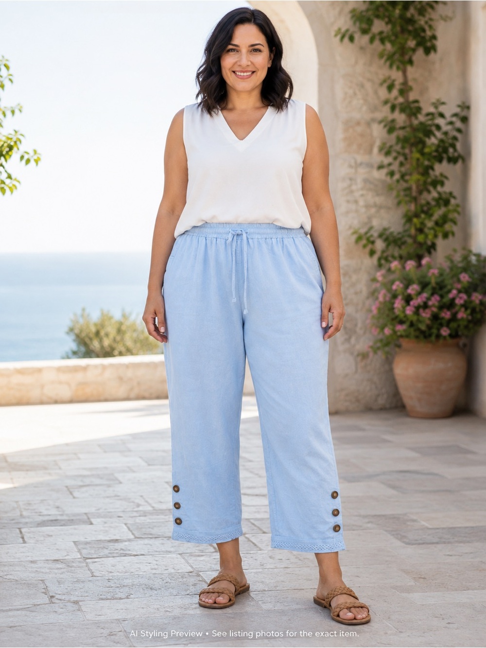 Women’s XXL Sky Blue Cotton Capri Pants Crochet Trim Button Hem